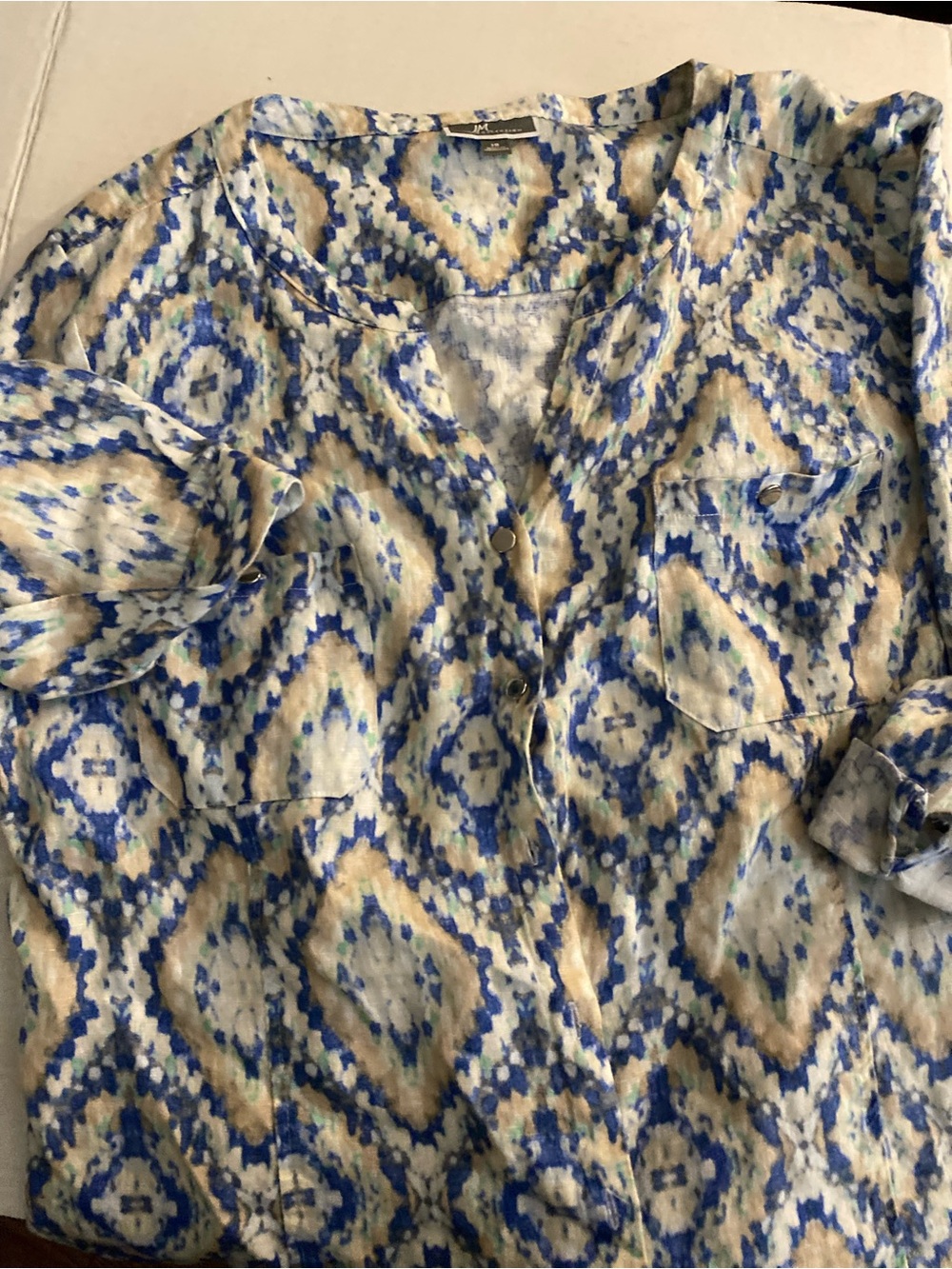 JM Collection Blue Tan & White Ikat Button-Front Shirt